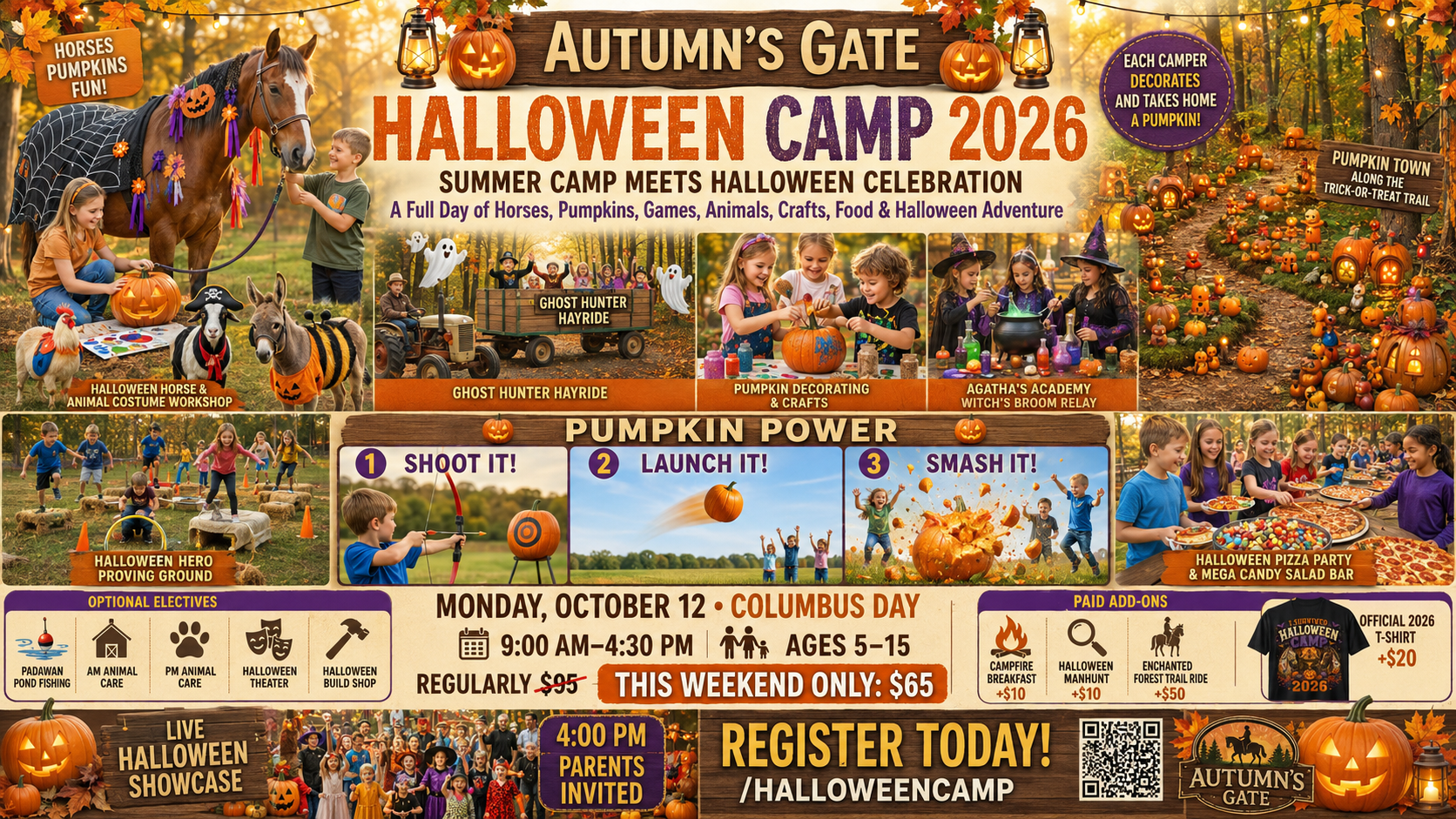 Autumn’s Gate Halloween Camp 2026 event poster showing the major camp activities, $65 launch price, ages 5–15 and the 4:00 PM Live Halloween Showcase