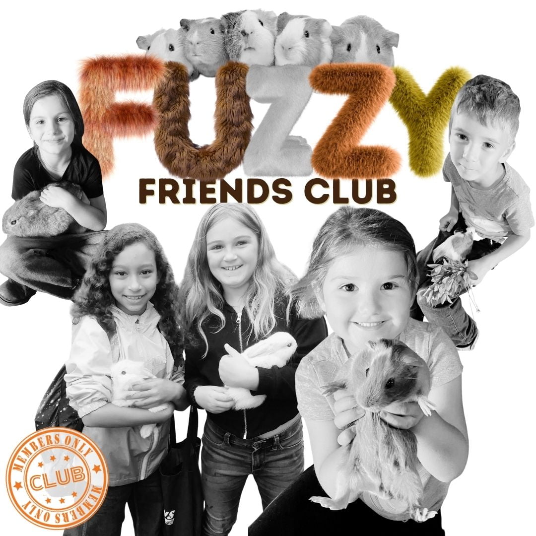 Alt text: A promotional image for "Fuzzy Friends Club" featuring the word "FUZZY" with each letter covered in different textures resembling animal fur or skin. Surrounding the text are black and white images of smiling children each holding different plush or real-looking small animals such as guinea pigs and bunnies, with a seal of "Members Only Club" at the bottom.