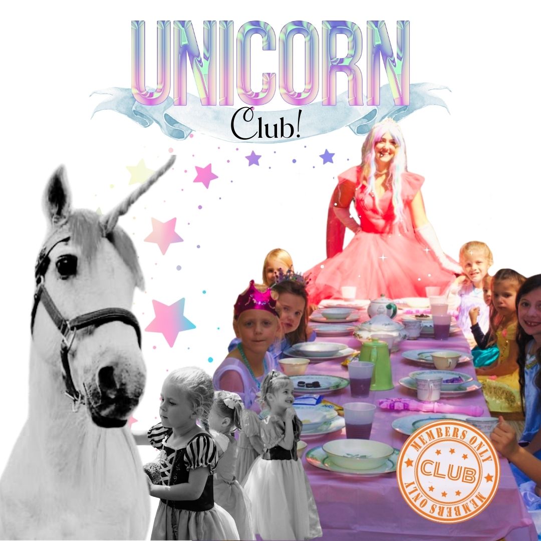 A collage image with a unicorn theme that features a photoshopped unicorn head, a group of children at a party table with one dressed as a fairy princess, star graphics, the phrase "UNICORN Club!", and a "Members Only Club" seal.