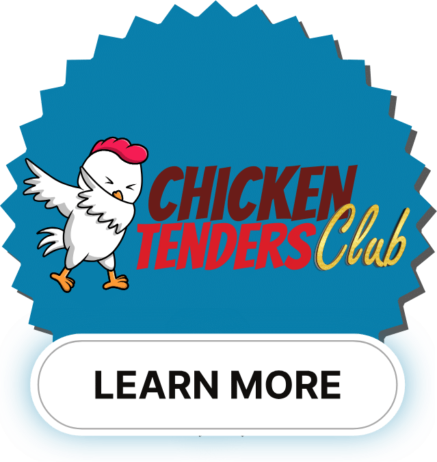 An illustrated logo for "Chicken Tenders Club" featuring a cartoon chicken with a button labeled "LEARN MORE" below it.