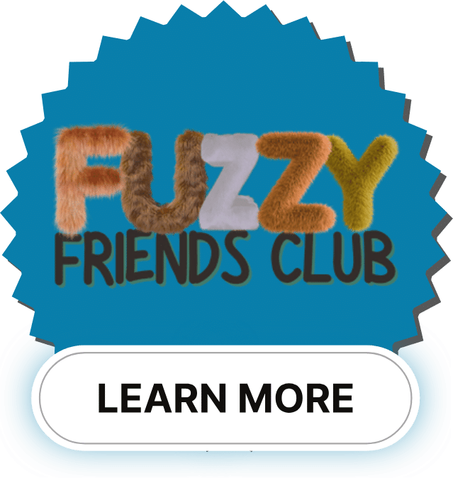 Logo for "Fuzzy Friends Club" with stylized, furry text on a blue jagged background, above a button labeled "LEARN MORE".