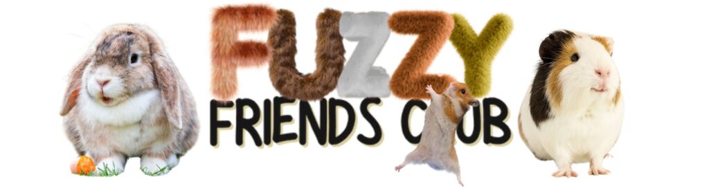 A banner with the phrase "FUZZY FRIENDS CLUB" spelled out in furry, stylized letters, flanked by images of a rabbit with a carrot on the left and a guinea pig on the right, with a small hamster positioned between the 'Y' and the 'F'. The background is white.
