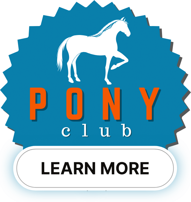 Logo of a "PONY club" featuring a white silhouette of a horse on a blue starburst background, with the text "LEARN MORE" on a prominent blue button below.