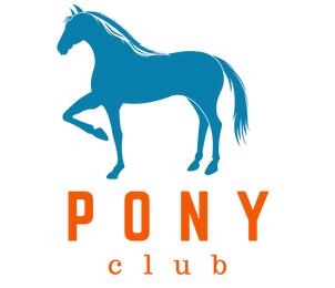 Logo of 'PONY club' with a stylized silhouette of a standing horse in blue above the orange text.