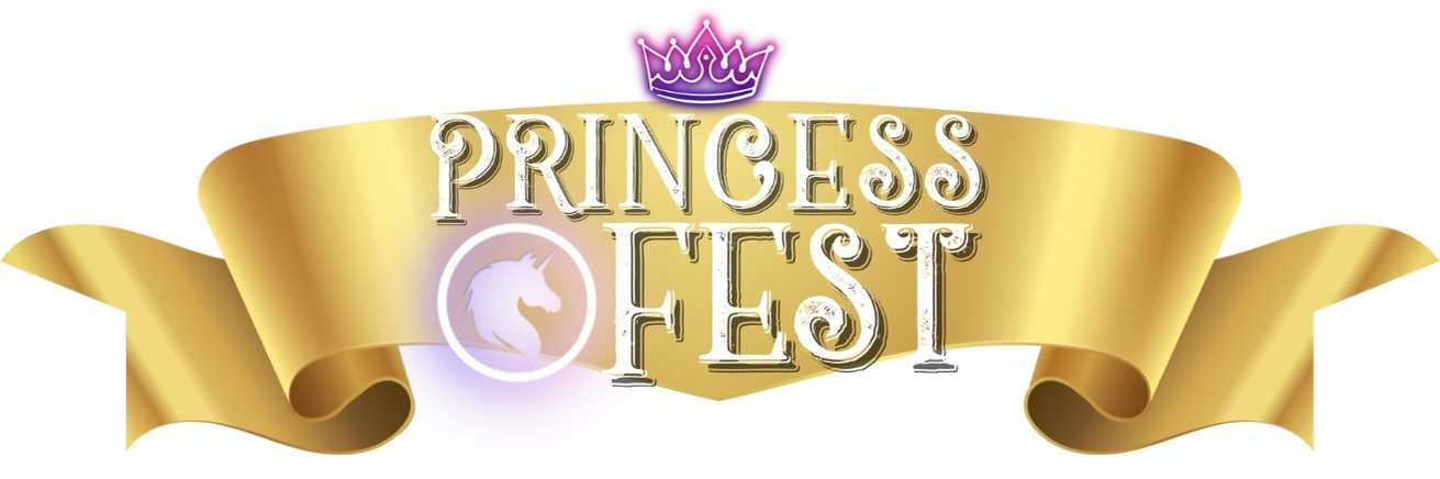 A graphic banner with a gold ribbon and the text "PRINCESS FEST" in ornate lettering, with a small crown above the letter "I" and a silhouette of a horse within a circular frame next to the letter "P."
