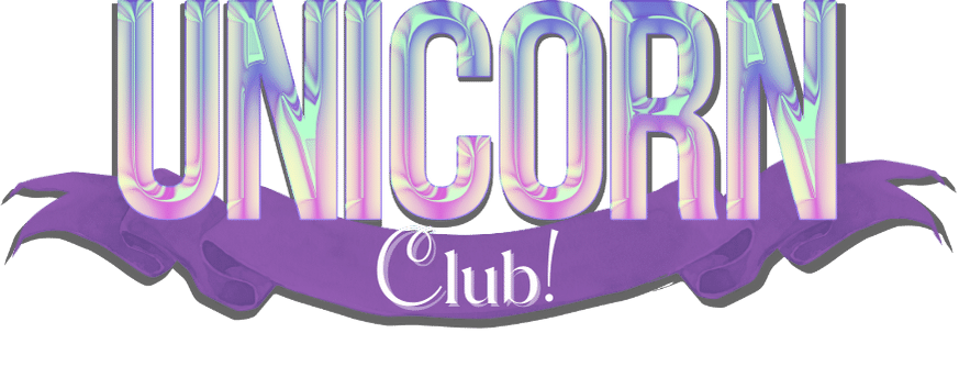 Graphic text reading "UNICORN Club!" with iridescent letters on a stylized purple banner with ribbon tails.