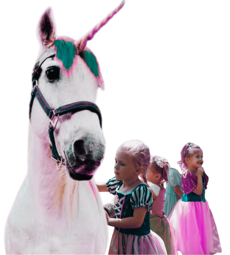 A digitally altered image of a white horse with a pink unicorn horn and three young girls dressed in princess costumes, with the background removed for a solid green backdrop.