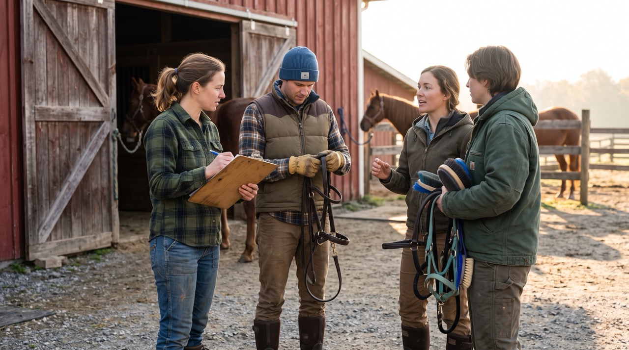 Autumn's Gate team members coordinating equipment and farm responsibilities