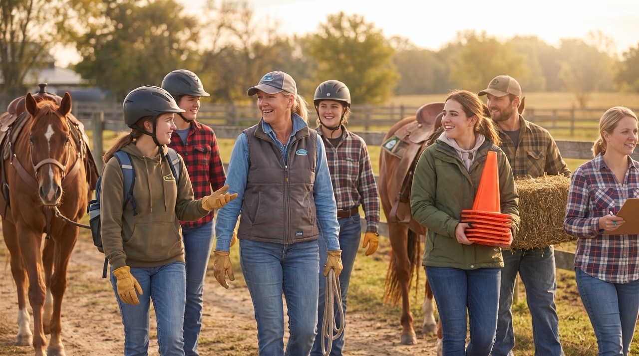 Autumn's Gate team members walking together with horses and farm equipment