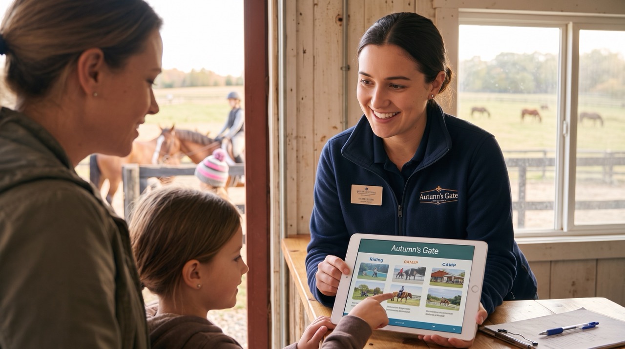 Customer Experience Specialist helping a parent and child review Autumn's Gate programs