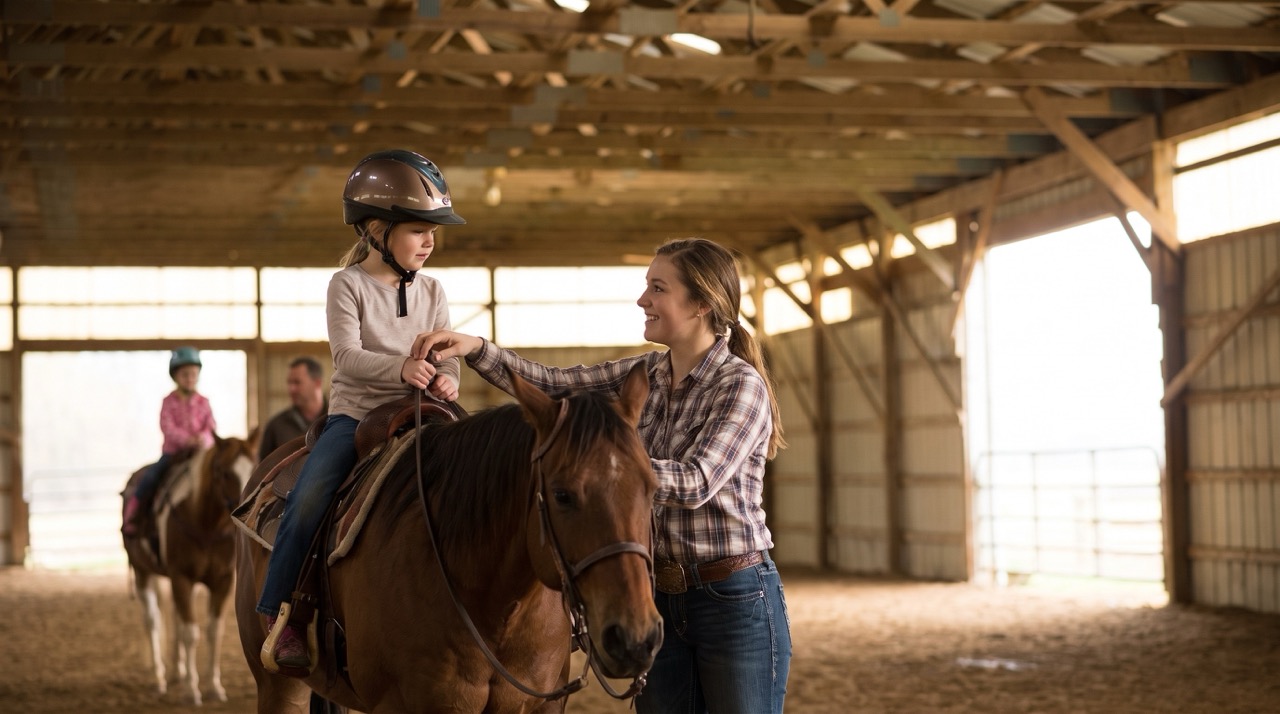 Horseback Riding Instructor helping a young rider during a western lesson in the covered arena