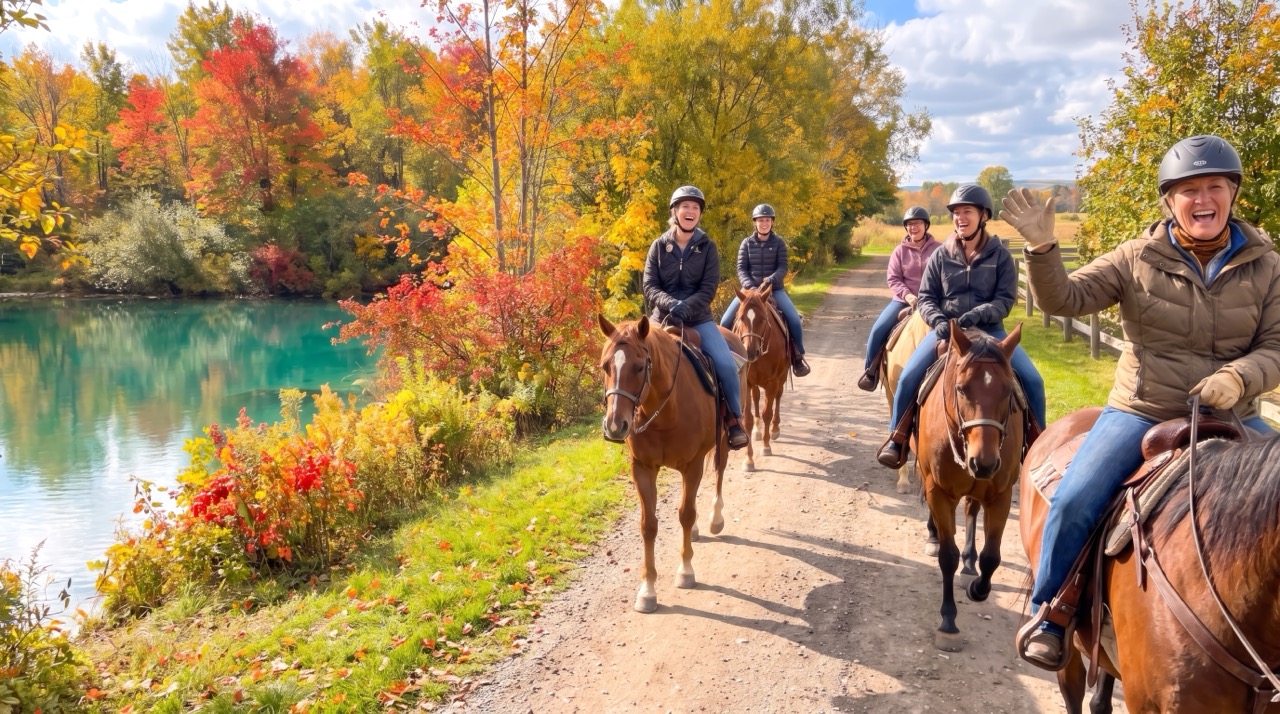 Horseback Adventure Guide leading a recreational trail ride beside a lake