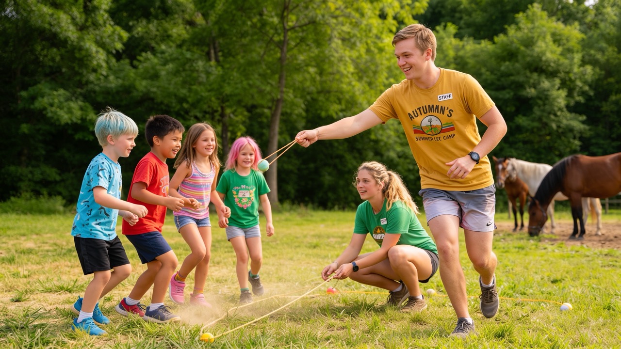 Summer Camp Counselors leading children through an outdoor group activity