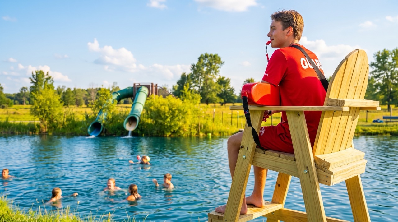 Lifeguard supervising swimmers at an Autumn's Gate aquatics area