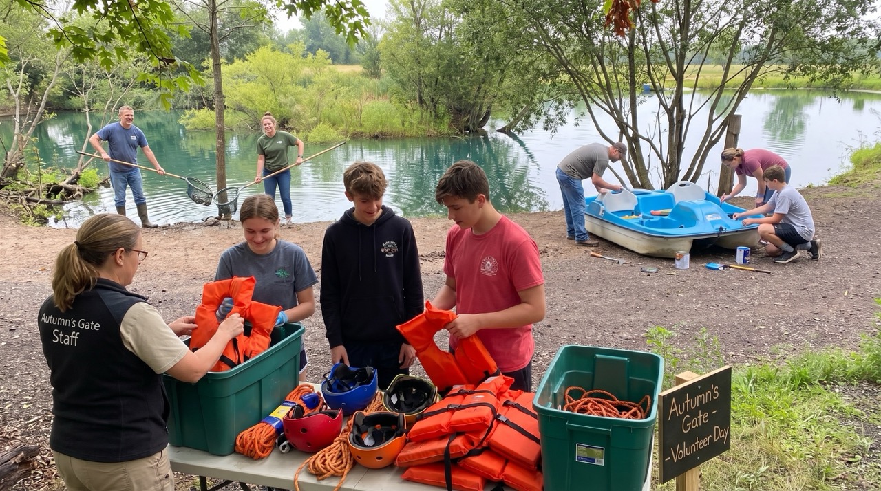 Autumn's Gate volunteers preparing equipment and helping with property projects