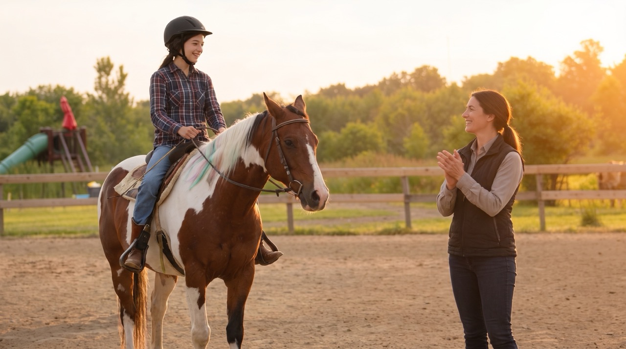 Instructor celebrating a rider's progress during an Autumn's Gate lesson