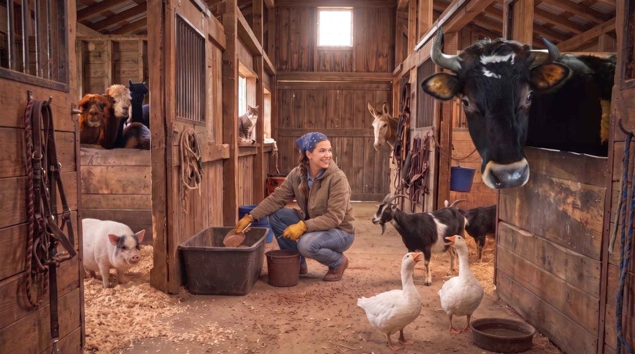 Farm Hand caring for animals inside an Autumn's Gate barn
