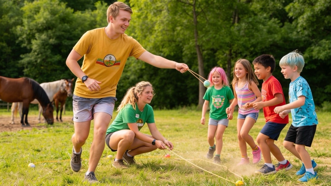 Autumn's Gate summer camp counselors leading campers in an outdoor activity