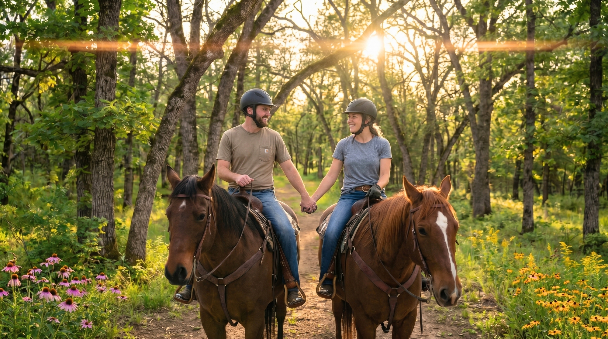 Couple enjoying a private horseback trail riding experience at Autumn's Gate Farm