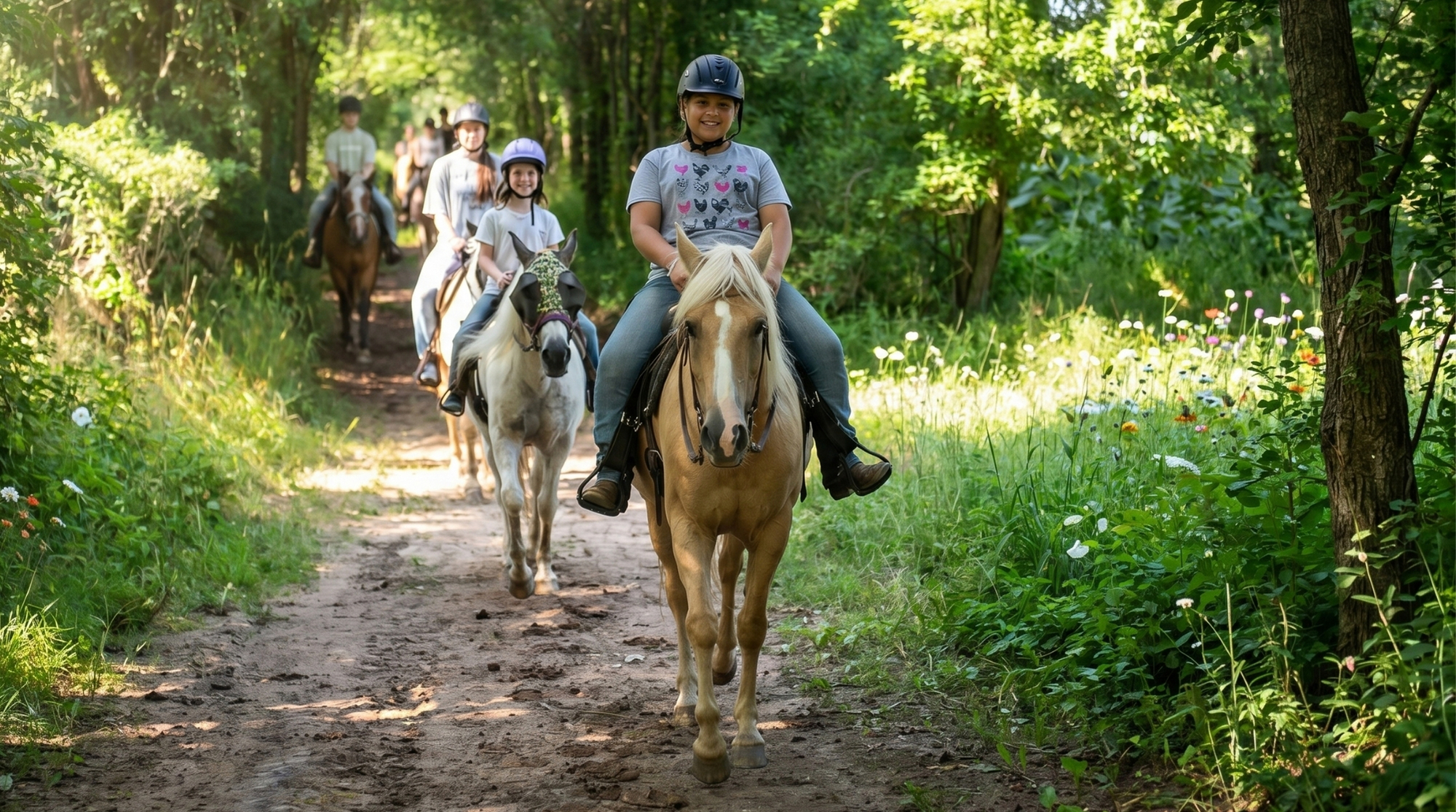 Group horseback trail riding experience at Autumn's Gate Farm