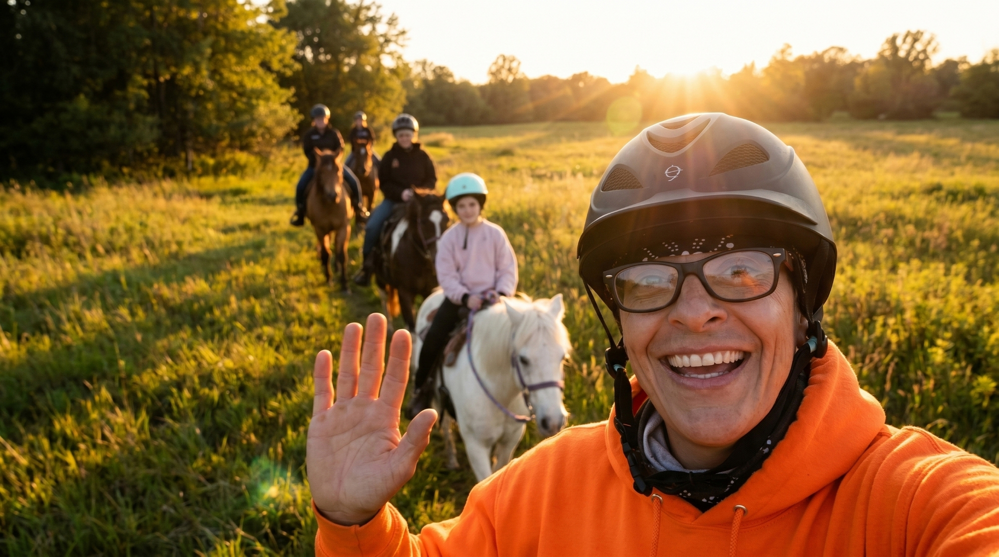 Friends enjoying a horseback trail ride together at Autumn's Gate