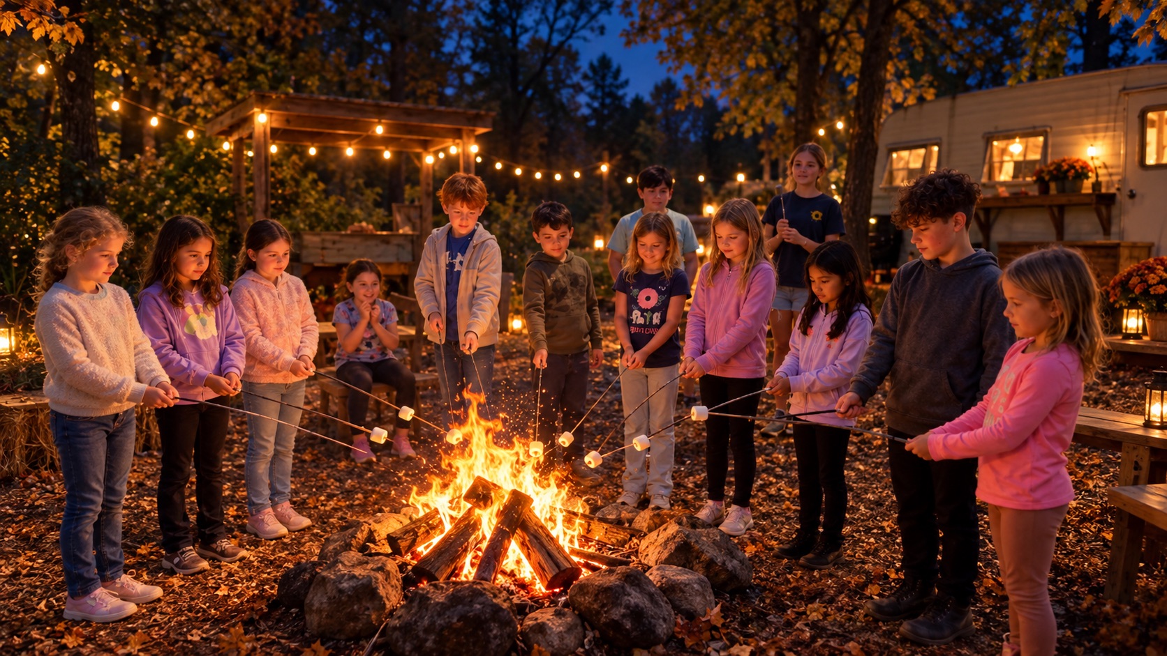 Autumn's Gate Kids Night Out around an autumn campfire