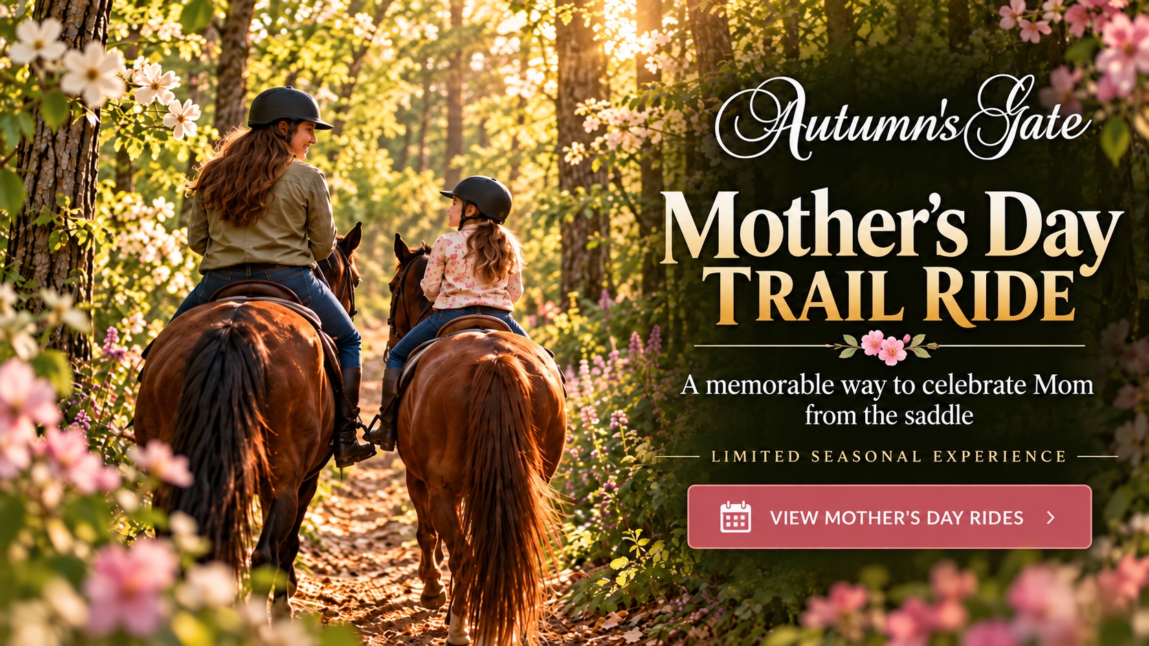 Mother and daughter horseback riding together during a Mother's Day Trail Ride at Autumn's Gate Farm