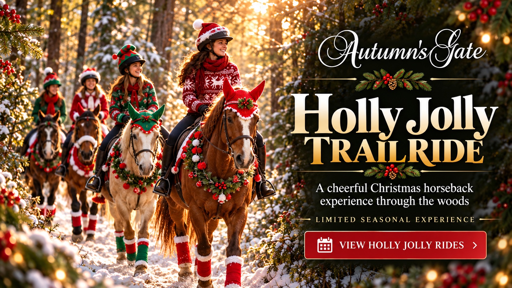 Holly Jolly Christmas horseback trail ride through the winter woods at Autumn's Gate Farm