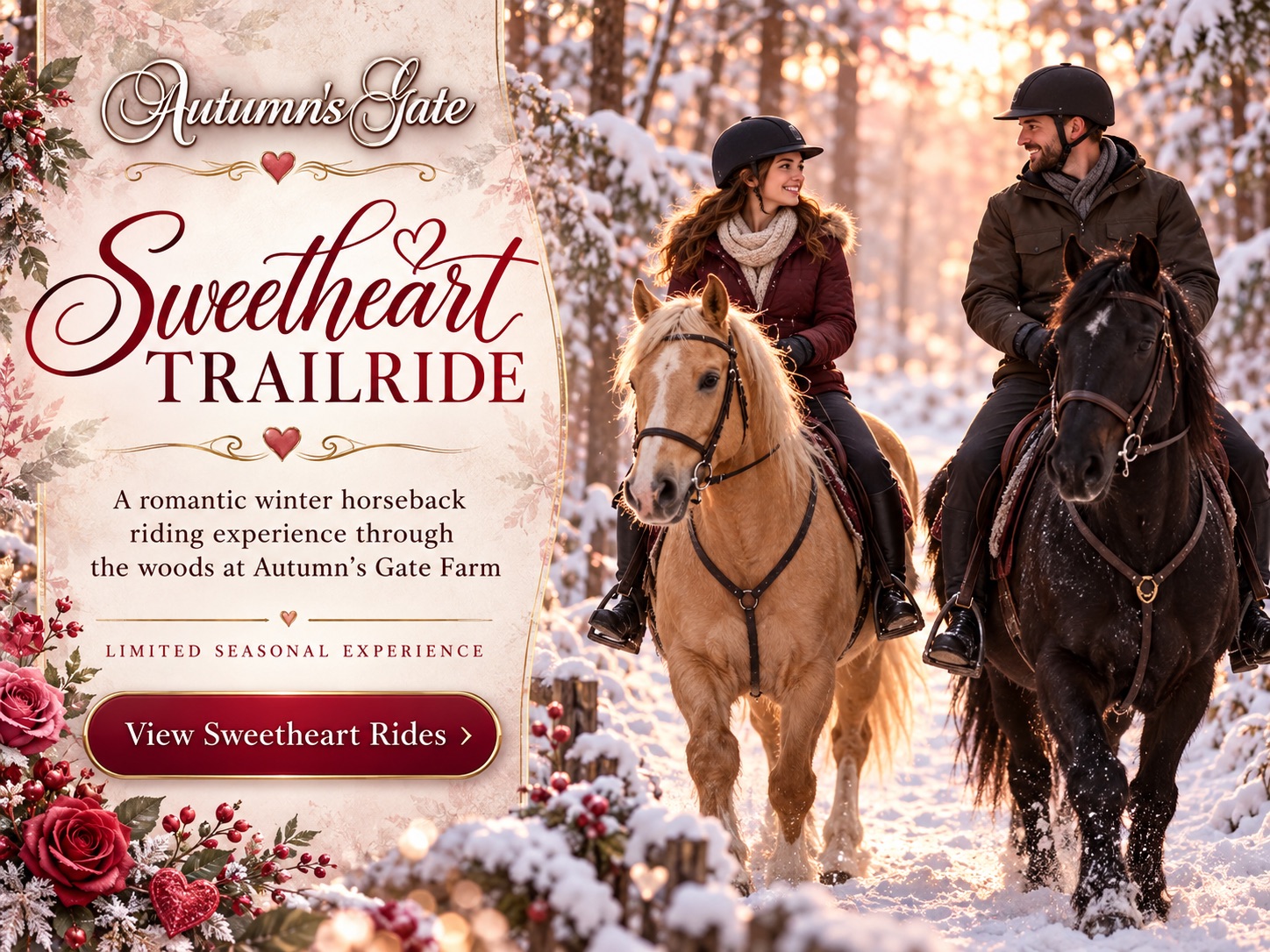 Sweetheart Valentine's Day couples horseback trail ride through snowy woods at Autumn's Gate Farm