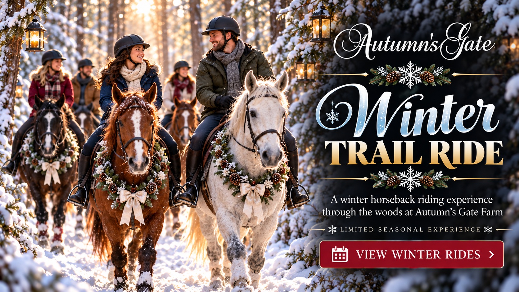 Winter horseback trail ride through snowy woods at Autumn's Gate Farm in Niagara County